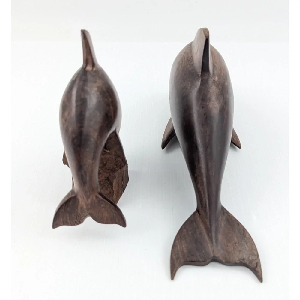 Set 2 Vintage Hand Carved Ironwood Dolphin Sculptures Figures Dolphins 9" and 5" - Picture 5 of 12